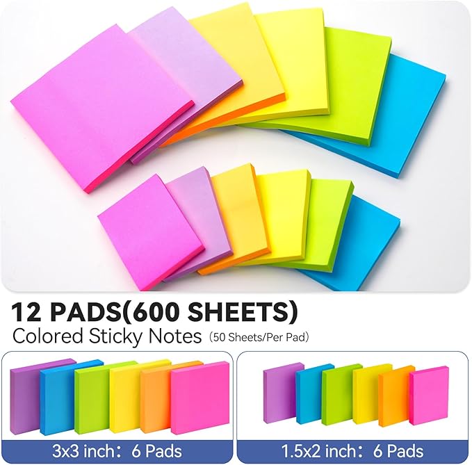 (12 Pack) Sticky Notes 3x3 + 1.5x2 in Small Sticky Note, Self-Sticky Note Pads | Sticks Strong & Removes Clean | Recycled Paper Cute Sticky Notes to School Supplies, Office Products, 6 Colors