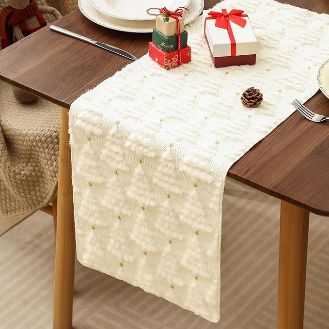 Christmas Table Runner 13x72 Inch, Xmas Trees Star Winter Holiday Decorative Farmhouse Table Decorations for Kitchen Dinning, Indoor Outdoor Dinner Party Decor (White) 1 Pack