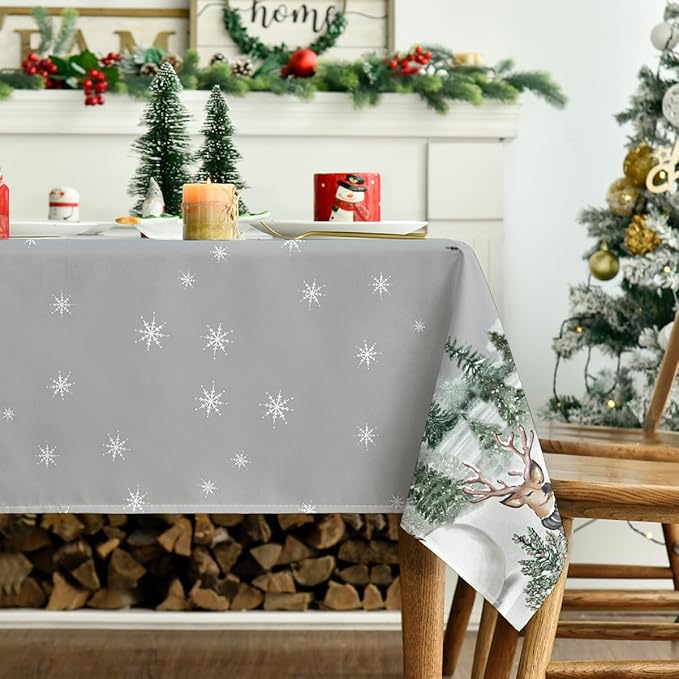 Horaldaily Christmas Tablecloth 60×104 Inch Rectangular, Deers Snowman Trees Grey Washable Table Cover for Party Picnic Dinner Decor