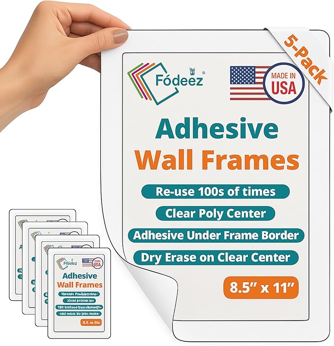 8.5 x 11 Adhesive Wall Frames - Peel & Stick Picture Frames, Wall Sign Holder, Paper Protector Sheets, Certificate Holders, Reusable Picture Frame, Dry Erase, Non Magnetic - White, Pack of 5