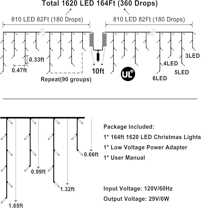1620 LED Christmas Lights with 360 Drops,164ft 8 Modes Fairy Hanging String Lights with Timer Waterproof, Plug-in Hanging String Lights for Outdoor Holiday Wedding Party Christmas Decor (Cool White)
