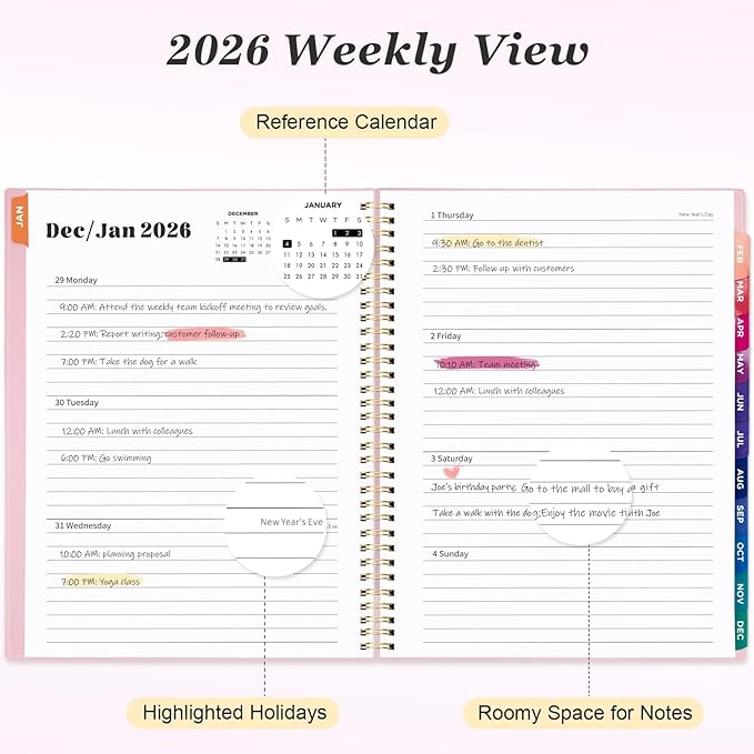 Oucaru 2026 Planner, Weekly and Monthly Planning Calendar, Jan 2026 - Dec 2026, 6.3" x 8.5", Spiral Bound, 12 Habit Trackers & Monthly Tabs, 2 Storage Pockets, Perfect for Office Home School Supplies