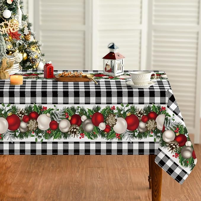 Horaldaily Christmas Tablecloth 60×84 Inch Rectangular, Christmas Ball Ornaments Black Bufalo Plaid Washable Table Cover for Party Picnic Dinner Decor