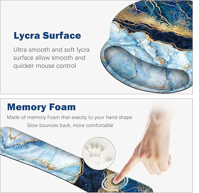 ARTSO Large Mouse Pad Ergonomic Keyboard Wrist Rest Support Set, Memory Foam Gel Wrist Pad, Extended Desk Mat Protector, Non-Slip Desk Blotter, Blue Marble