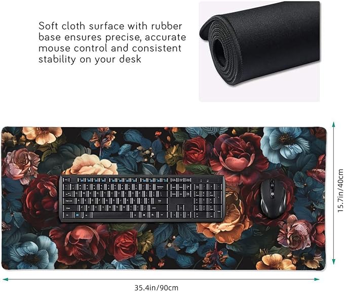 35.4 x 15.7 in, Waterproof XXL Large Mouse Pad for Desk, Extended Keyboard Mouse Mat for Computer Office, Big Laptop Mouse pad, Gaming Pc-Vintage Chic Rose Flowers