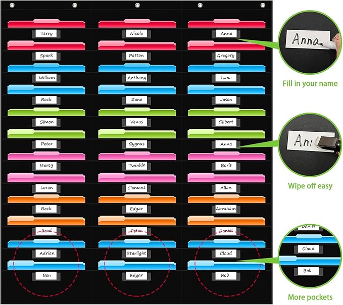 REGELETO 36 Pockets File Storage Pocket Chart with 36 Nametag Pockets, Hanging Wall File Organizer for Classroom and Office, Organize Your Assignments, Files, Scrapbooks, Paper (Black-36 Pockets)