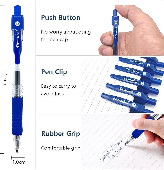 Blue Glide for School Office Retractable Ball Pens, Medium Point (0.5mm), Comfortable Rubber Grip For Writing, 6-Count Pack