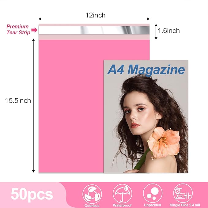 JinRuiKJ Thank You Poly Mailer 12x15.5 Inch 50 PCS, Shipping Bags for Clothing, Packaging Bags for Small Business, Strong Adhensive, Waterproof and Tear-Resistant Mailing Envelopes, Pink