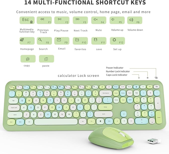 Wireless Keyboard and Mouse Combo, Colorful Ergonomic Full Size Retro Low-Noise Keyboard with Cute keycaps, Compatible with Windows, PC, Perfer for Home and Office Keyboards (Green)