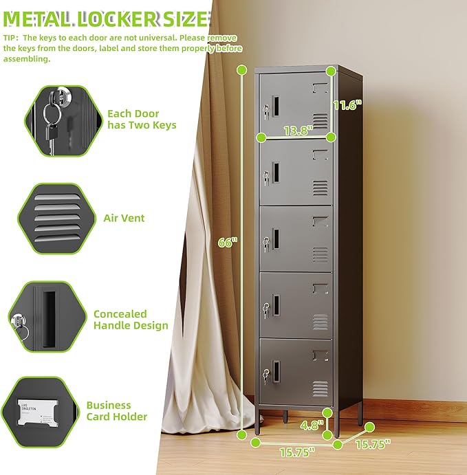 Aobabo 16" W 5 Door Metal Storage Locker with Lock, 66" H Steel Locker with Name Card Holder and Metal Leg for School, Home, Office, Playroom, Assembly Required, Black