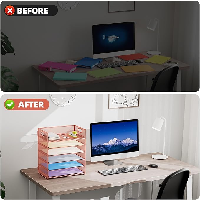 Marbrasse 6 Tier Paper Organizer Letter Tray - Mesh Desk File Organizer with Handle, Paper Sorter Organizer for Letter/A4 Office File Folder Holder - Rose Gold