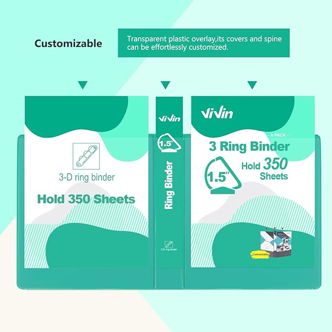 ViVin Sturdy 1.5 Inch 3 Ring Binder with Pockets, Slant-D Ring, PVC-Free, Customizable Clear View Binder,Holds 350 Sheets of 8.5" x 11" Paper, 6 Pack (Lake Green)