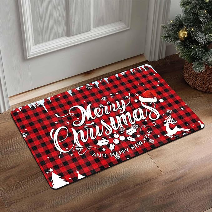 Merry Chirstmas Doormat Buffalo Plaid Door Mat for Front Door, Front Porch Rugs Easy Clean Welcome Mats Outdoor Rug Indoor Outdoor Winter Decor, 18" x 30"Inch