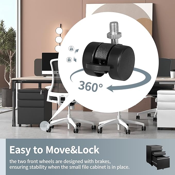 3 Drawer File Cabinet for Home Office, Under Desk Mobile Filing Cabinet with Lock for A4-Size/Letter-Size/Legal-Size, Black (HSEJ-3D)