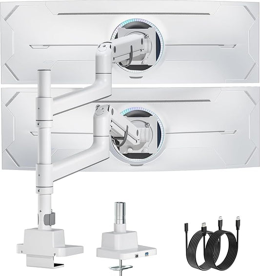 monTEK 17-57 Inch Dual Ultrawide Monitor Arm for Up to 59.4lbs Screen, Aluminum Heavy-Duty Gas Spring Vertical Stackable Curved Screen Adjustable Monitor Stand,75/100mm Vesa Mount, White