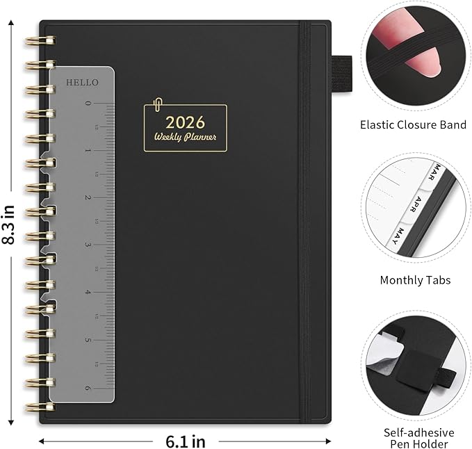 AHGXG 2026 Planner, Weekly and Monthly, Jan 2026 - Dec 2026, 12 Months, 2026 Calendar Planner Book with Tabs for Men Women School Home Office Supplies, A5 (6" X 8.38"), Black