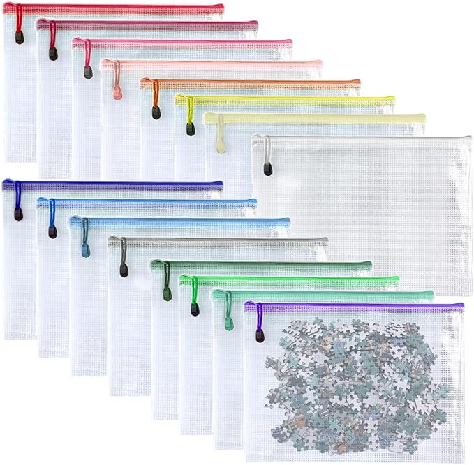 Oaimyy-16 Pcs-3"x 5"-Plastic Mesh Zipper Pouch Document Folders Bag Zipper Zip File Folders Puzzle Storage Bags for Office Supplies, Travel,Puzzles Games Organizing Storage-Multicolor