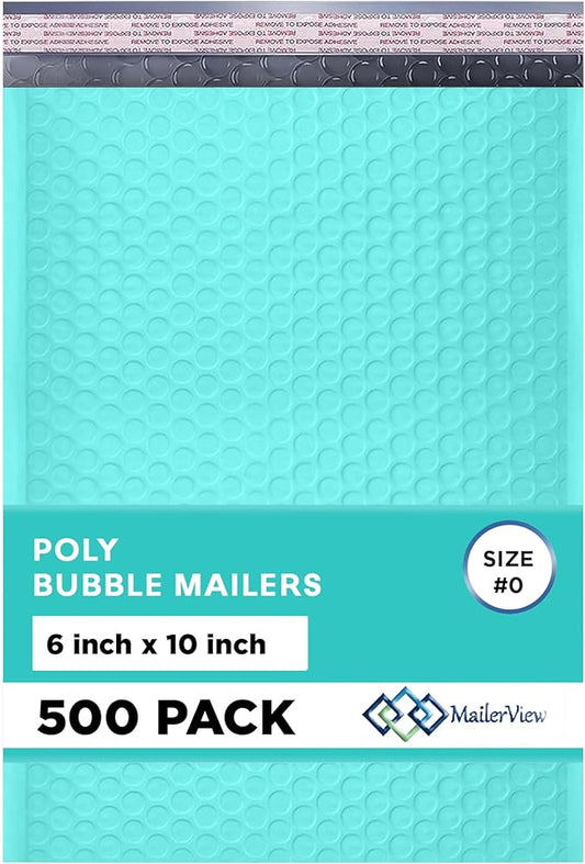 Teal Small Poly Bubble Mailers 6x10 inch #0 | Self Seal Padded Envelopes | Cushioned Bubble Mailer | Usable Size 6x9 | WaterProof | Lightweight mailing Shipping Bags | 500 Pack Bulk