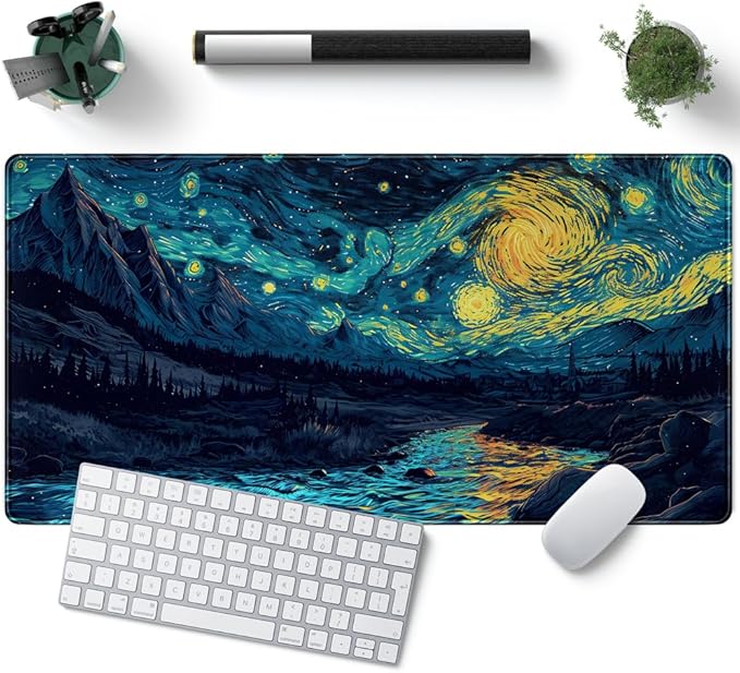 Misty Forest Desk Pad Mat Vincent Van Gogh XL Mouse Pad Gaming Playmat Large Mousepad XXL Desk Laptop Pad Equipped with Waterproof Storage Bag Non-Slip Stitched Edges (31.5x15.7 in)