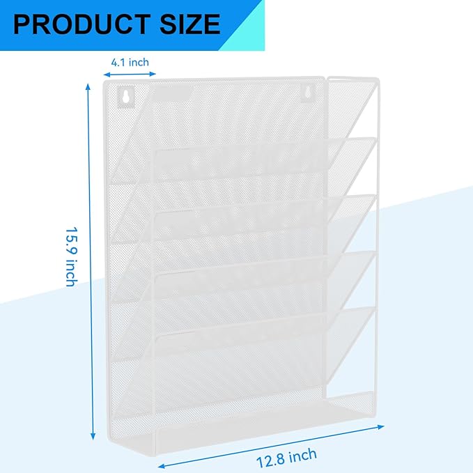 Wall File Organizer Holder Mesh Hanging Paper Document Holder,Vertical 6 Pocket Tier for Office Home, White