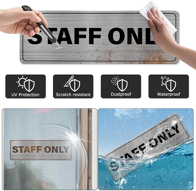 Staff Only Sign Aluminum Silver 9 x 3 Inches Self-Adhesive Waterproof Metal Door Wall Sign for Business Offices 4 Pack