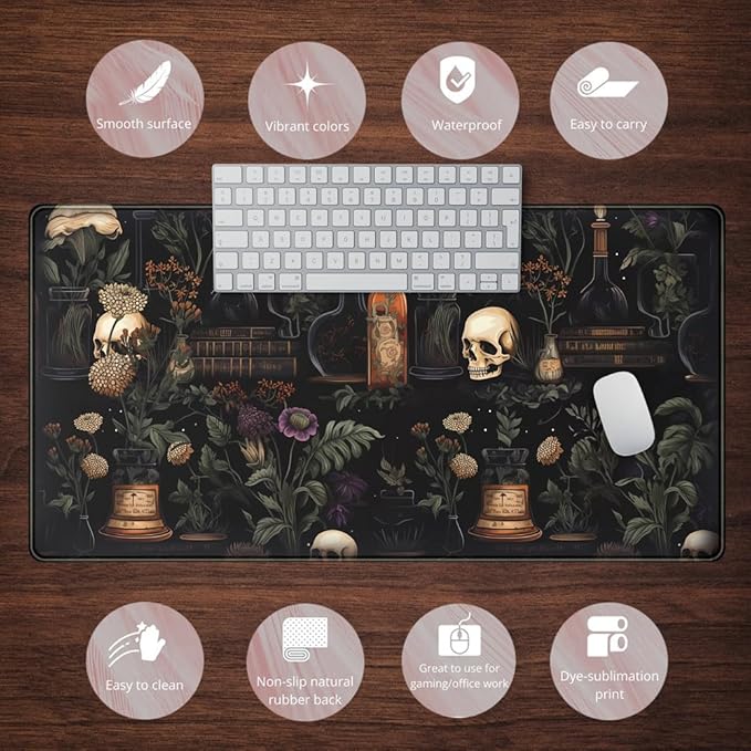 Vintage Aesthetic XL Extended Large Gaming Mouse Pad - Black Academia Mystical Green Plant Design - Computer Laptop Keyboard and Mouse Mat Desktop Protector - 31.5 x 15.8 in
