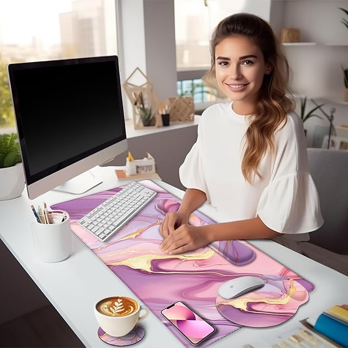 Marble Mouse Pad Set Large Desk Matt for Desktop, Ergonomic Mouse Pad with Wrist Rest for Gaming Wrist Support Keyboard Mat Cup Coaster Set Office Desk Decor Accessories