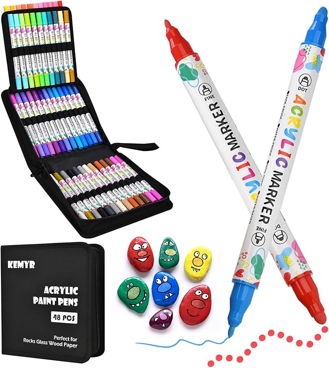 48 Colors Acrylic Paint Pens, Dual Tip Acrylic Paint Markers for Paper, Wood, Canvas, Stone, Rock Painting, Glass, Fabric, DIY, Ceramic, Art Supplies for Kids and Adults Drawing (Dot + Fine)