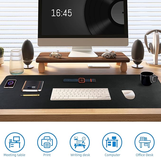 Wireless Charging Mouse Pad with for Desktop Charging Large Desk Mat 32x16 Waterproof Black Leather Computer Mat Mousepad Non-Slip Protector on Top of Desks for Keyboard and Mouse (Black-R)