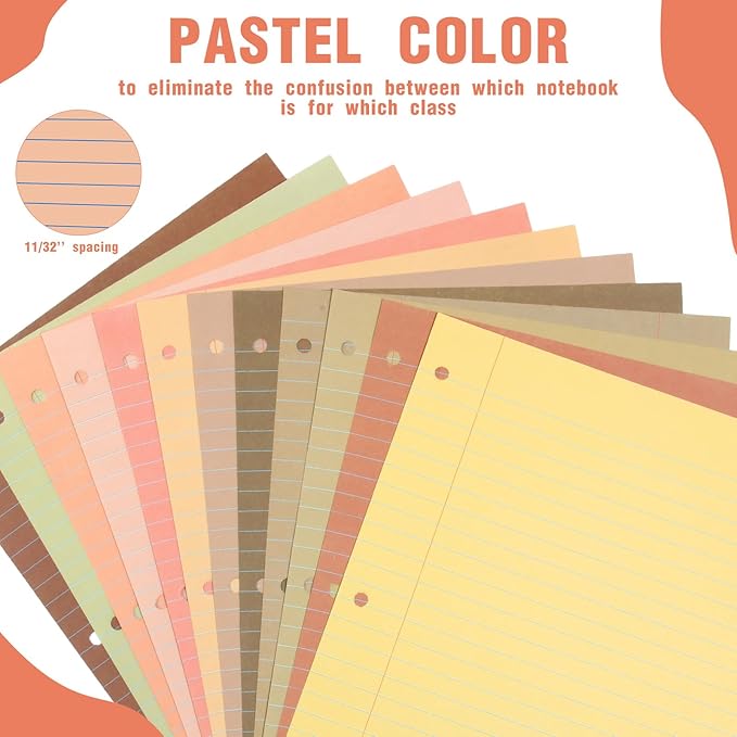 PerKoop 12 Pack 600 Sheets Colored Lined Paper Bulk Wide Ruled 8 x 10.5 Inches, Pastel Loose Leaf Notebook Paper 3 Hole Punched Filler for Back School Classroom Supplies(Cute Color)