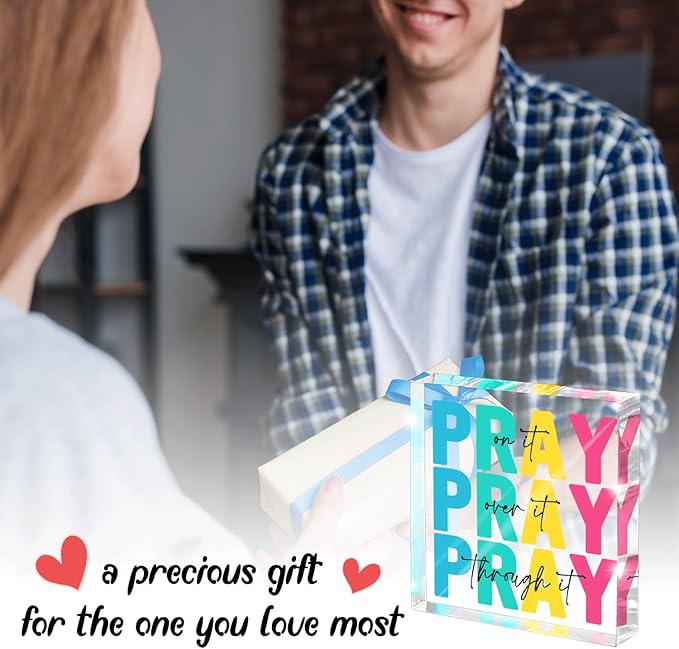 Multicolor Dorm Room Decor for Women, Office Decor for Women, Christian Gifts Desk Bedroom Bible Verse, Desk Decorations for Office, Pray on It Over It Through It, 4 x 4 inch