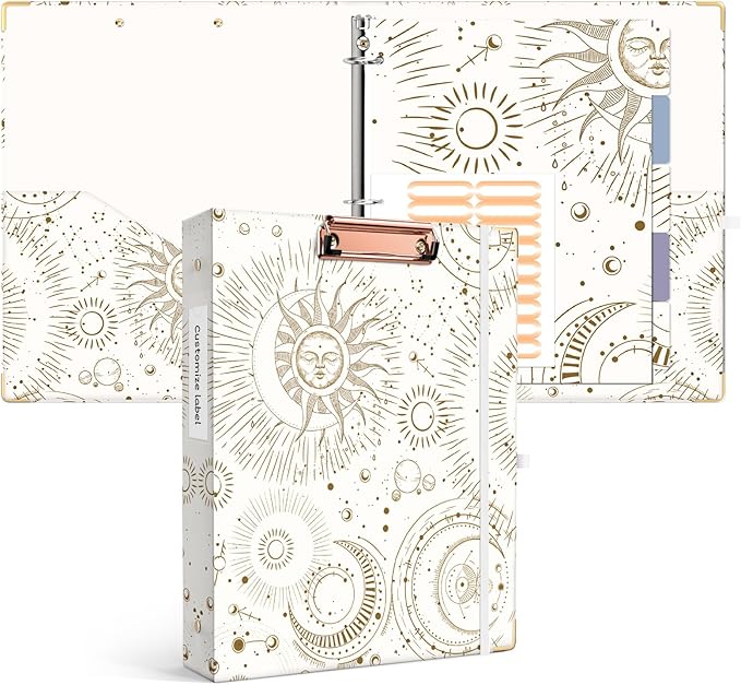 Ospelelf 3 Ring Binder, 1 Inch, Cute Letter Size (11" x 8.5") with 5 Tab Dividers, File Folder Labels and Low Profile Clipboards, Tarot Cards Binder for School and Office Supplies
