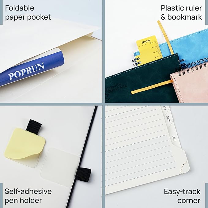 POPRUN 2026 Planner Weekly Notebook (Jan-Dec), Small Size 4''x 6.25'' - 2026 Pocket Calendar for Purse with Spiral Soft Cover, Plastic Ruler, Inner Pocket, 100 GSM - Cerulean Blue