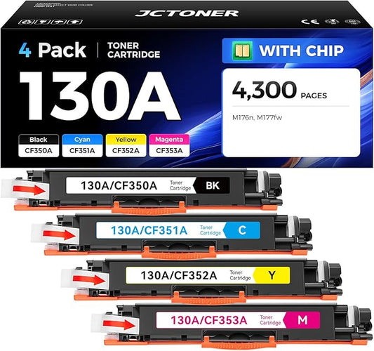130A Toner Cartridge Set 4-Pack High Yield Replacement for HP 130A CF350A CF351A CF352A CF353A Compatible with HP Color Laserjet Pro MFP M176n M177fw Printer Ink M176 M177（Black Cyan Yellow Magenta）