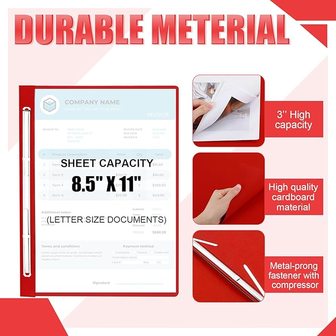 Zhanmai 15 Packs 8.5'' x 11'' Pressboard Report Covers, Metal Prong Fastener with Compressor, Letter Size 3'' Capacity Presentation Report Folder to Neatly Bind Reports, Proposals, Documents(Red)