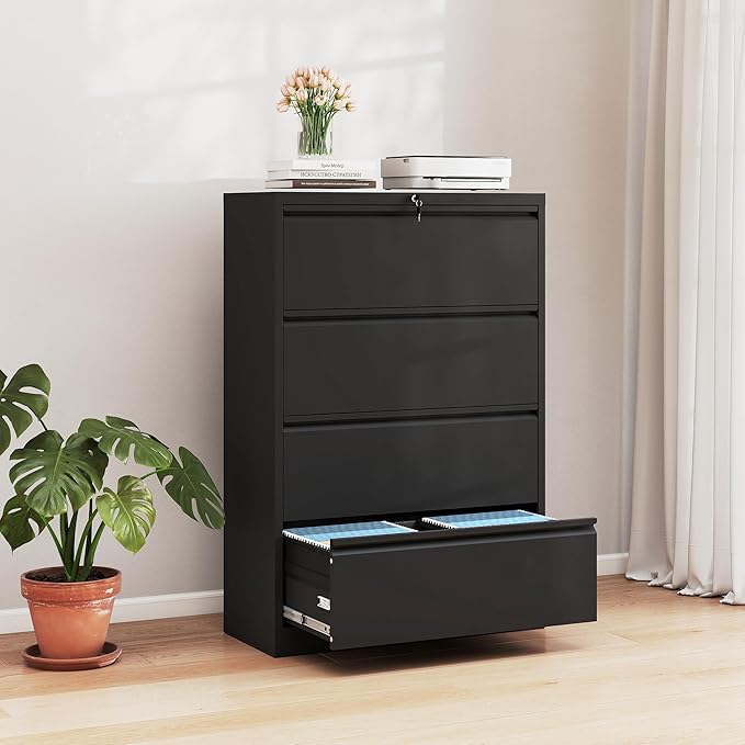 4-Drawer Lateral File Cabinet with Lock, Black Metal Filing Cabinet for Office or Home – Secure Storage for Letter/Legal/A4/F4 Documents, Easy to Assemble Locking File Organizer (Black, 4 Drawer-52"H)