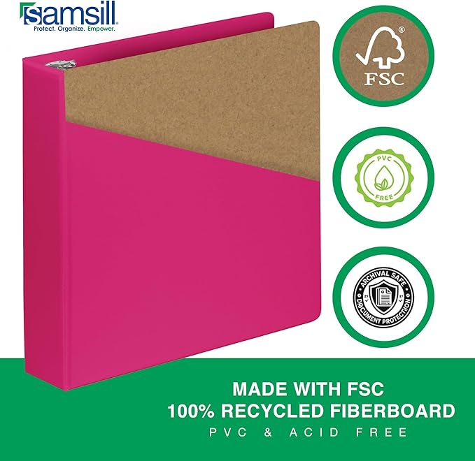 Samsill Durable 2 Inch Binder, Made in The USA, D Ring Binder, Customizable Clear View Cover, Dragonfruit, Holds 475 Pages