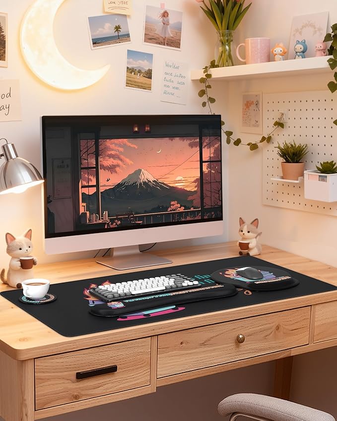 HAOCOO 4-in-1 Cute Desk Mat Set, Ergonomic Mouse Pad with Gel Wrist Rest, Memory Foam Keyboard Wrist Rest for Pain Relief, Desktop Protector Coaster, Comoputer Pads with Non-Slip Base(Black)