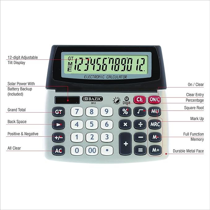 BAZIC 12-Digit Dual Power Desktop Calculator with Adjustable Display (Case of 12) (3012-12)