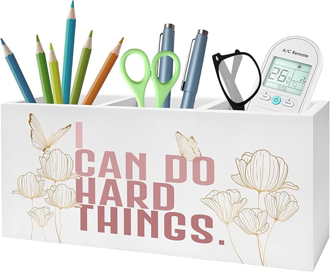 I Can Do Hard Things Pencil Pen Holder for Desk, Butterfly Floral Inspirational Wooden Pencil Holder Organizer for Home Office Desk Accessories, Encouragement Gifts for Women