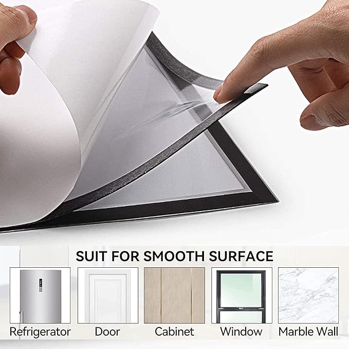 Magnetic Sign Holder 8.5 x 11 Wall Mount,Self Adhesive Picture Display Frame as Document Poster Paper Holder,Magnetic Framed Holder with Clear PVC Cover,Black 6pcs