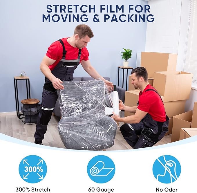 TICONN 4Pk Stretch Wrap Stretch Film Roll, 1000ft Industrial Strength 15 inch Wide Clear Plastic Wrap with Handles for Pallet Wrapping Shipping Moving