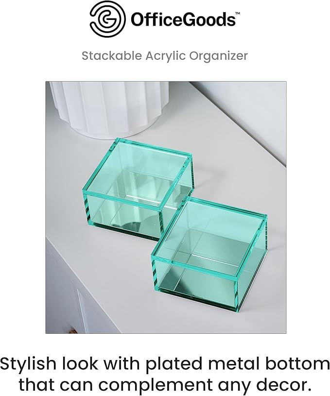 OfficeGoods 3-Tier Stackable Acrylic Holder- Stylish Desk Organizer and Storage for Office or Home – Transparent Square Design, Green with Silver Metal Base