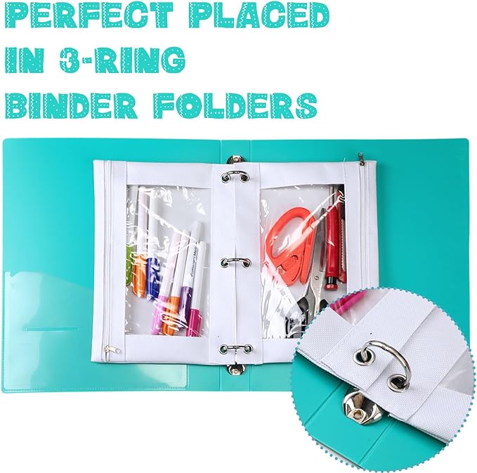 Marspark 30 Packs Pencil Pouch 3 Ring Binder Pen Pouch Cloth Pencil Pouches Zipper Pen Case Bag with Clear Window for School Office Writing Supplies Gifts (White)