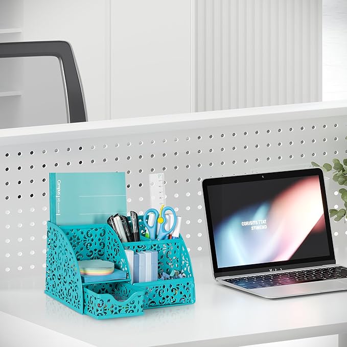 EasyPAG Pen Holder Desk Organizer with Drawer Pencil Cup for Desk 6 Compartments Metal Office Caddy Storage with Sticky Notes Holder for School Home Office, Dark Teal