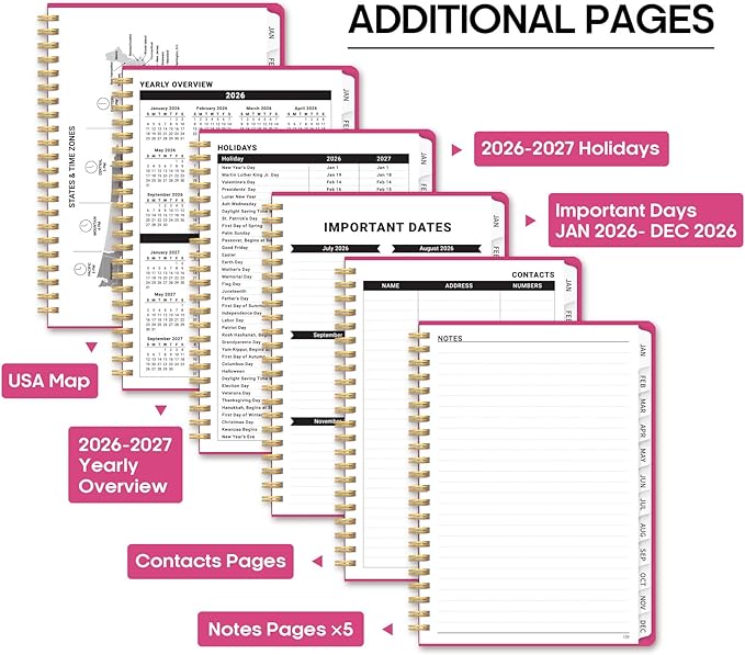 2026 Planner, Weekly and Monthly Calendar Planner Book, January 2026 - December 2026, Hardcover Spiral Planner with Monthly Tabs, Notes Pages, Perfect for Women & Men, A5 (6.4" x 8.5") - Hot Pink