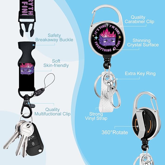 Gctriki Dumpster on Fire Lanyards for ID Badges and Keys, Funny Badge Reel Retractable Heavy Duty with Carabiner Clip, I'm Fine ID Badge Holder with Breakaway Lanyard, Teacher Nurse Office Gifts