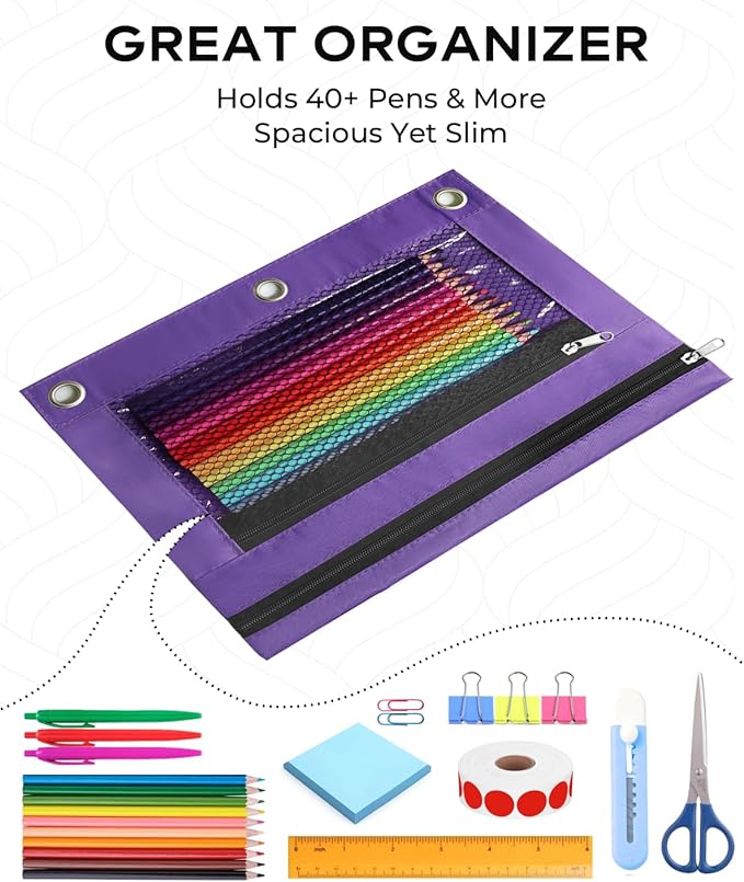 3 Ring Binder Pencil Pouch - School Pencil Case with 2 Zippered Pockets, Clear Mesh Window Pencil Bag, B5 Size, Back to School Gifts (Purple)