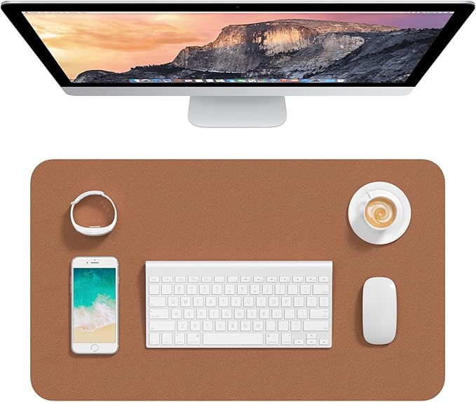 Hsurbtra Desk Pad, 23.6" x 13.8" PU Leather Desk Mat, M Extended Mouse Pad, Waterproof Desktop Blotter Protector, Non-Slip Ultra Thin Small Laptop Keyboard Writing Mat for Office Home, Dark Apricot