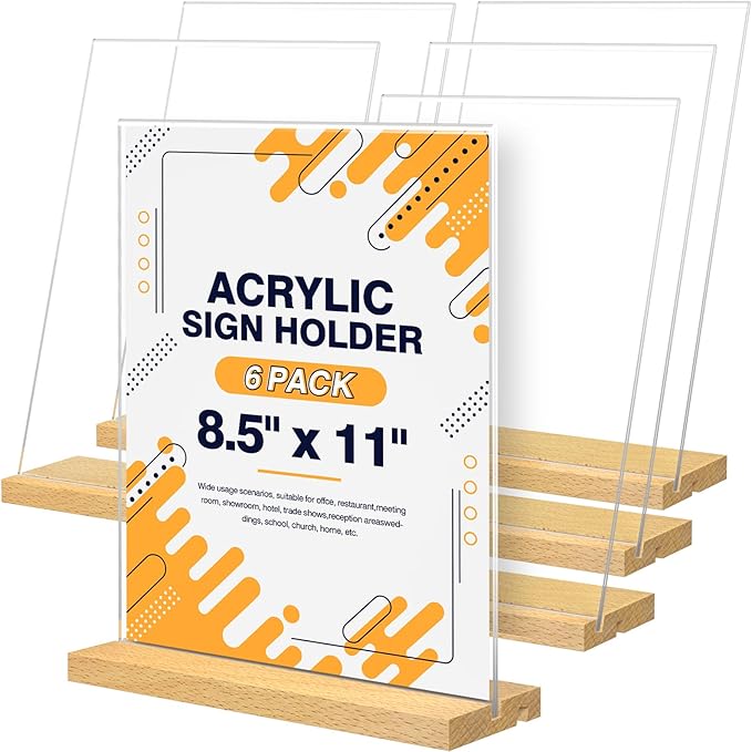 8.5 x 11 Acrylic Sign Holder with Wood Base - Tabletop Display Menu Stand - Clear Plastic L/T Shape Vertical or Slant Back Paper Holders - 6 pack